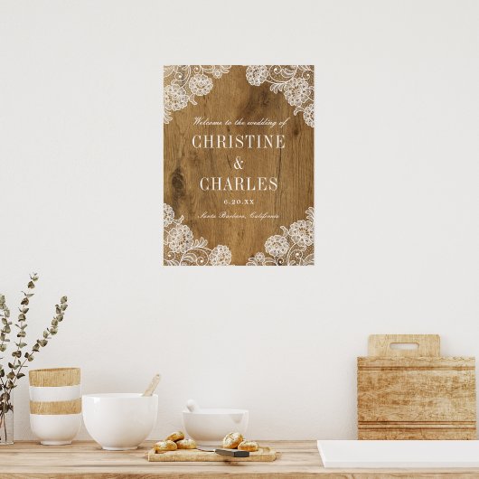 Rustic Wood and Lace | Wedding Welcome Sign ポスター (キッチン)
