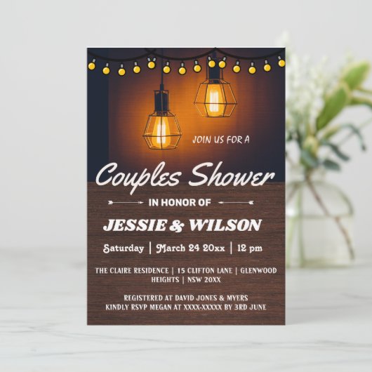 RUSTIC WOOD AND LIGHTS COUPLES SHOWER INVITATION 招待状 (スタンド正面)