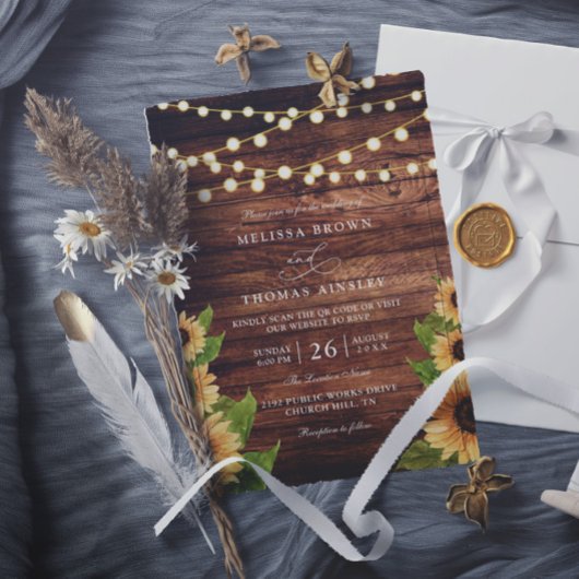 Rustic Wood and Sunflower Elegant QR Code Wedding 招待状