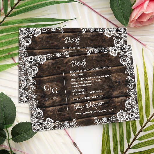Rustic Wood and White Lace Wedding Details Info エンクロージャーカード
