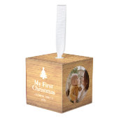 Rustic Wood Baby's First Christmas Name Photo  キューブオーナメント (正面アングル)