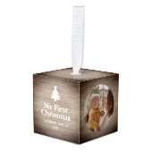 Rustic Wood Baby's First Christmas Name Photo  キューブオーナメント (正面アングル)