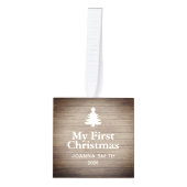 Rustic Wood Baby's First Christmas Name Photo  キューブオーナメント (正面)