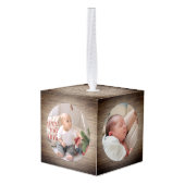 Rustic Wood Baby's First Christmas Name Photo  キューブオーナメント (裏面アングル)