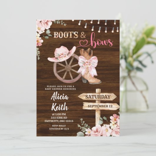 rustic wood background floral boots and bows 招待状 (スタンド正面)