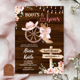rustic wood background floral boots and bows 招待状