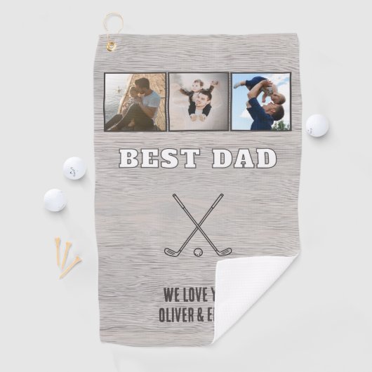 Rustic Wood Best Dad 3 Photo Collage Keepsake ゴルフタオル (インサイチュ)