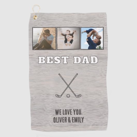 Rustic Wood Best Dad 3 Photo Collage Keepsake ゴルフタオル (正面)