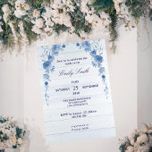 Rustic Wood Blue Floral  Bridal Shower Invitation 招待状