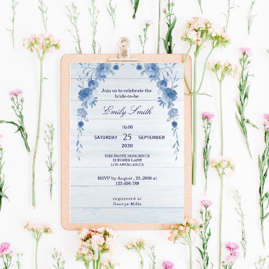 Rustic Wood Blue Floral  Bridal Shower Invitation 招待状