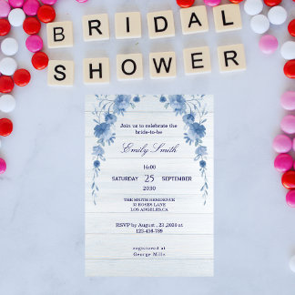 Rustic Wood Blue Floral  Bridal Shower Invitation 招待状