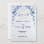 Rustic Wood  Blue Floral Elegant Save the Date (正面)