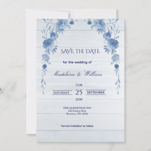 Rustic Wood  Blue Floral Elegant Save the Date (正面)