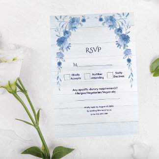 Rustic Wood  Blue Floral Elegant Wedding  出欠カード