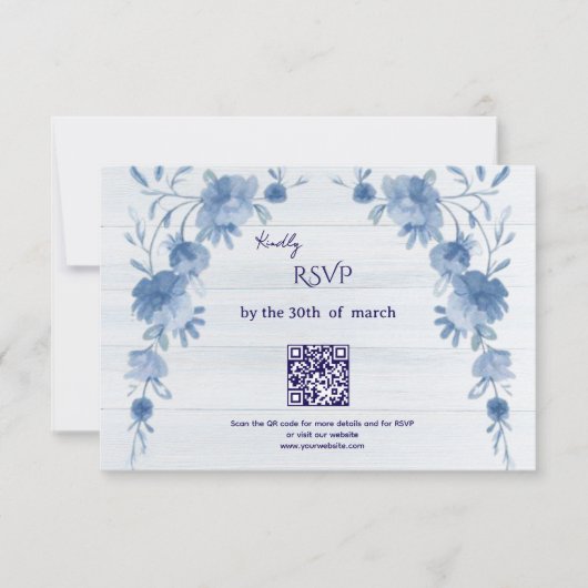 Rustic Wood  Blue Floral Elegant Wedding  出欠カード (正面)