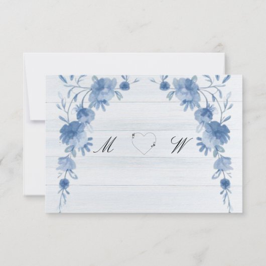 Rustic Wood  Blue Floral Elegant Wedding  出欠カード (裏面)