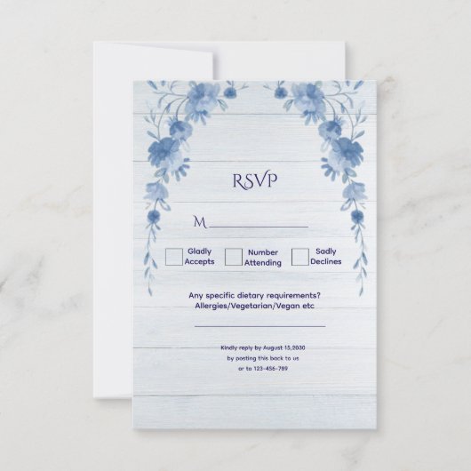 Rustic Wood  Blue Floral Elegant Wedding  出欠カード (正面)