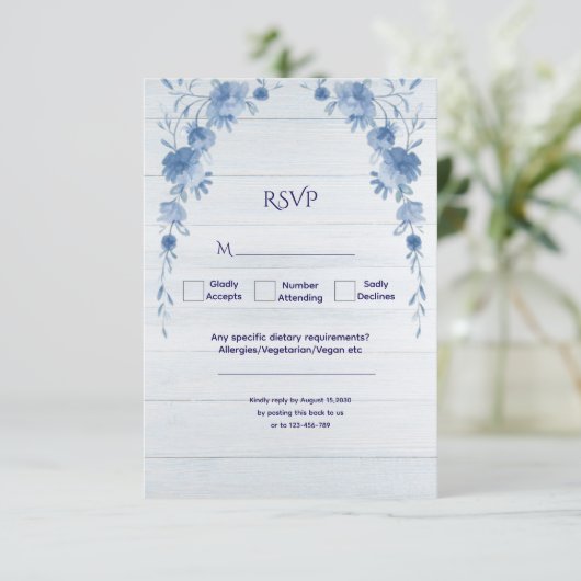 Rustic Wood  Blue Floral Elegant Wedding  出欠カード (スタンド正面)