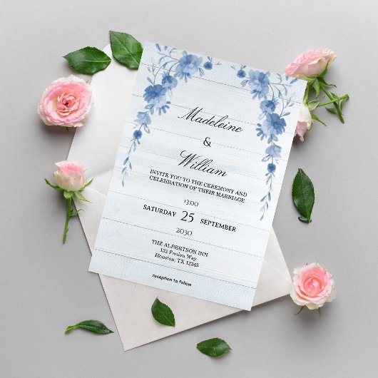 Rustic Wood  Blue Floral Elegant Wedding  招待状