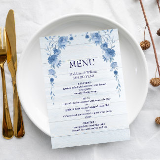 Rustic Wood  Blue Floral Elegant Wedding Menu メニュー