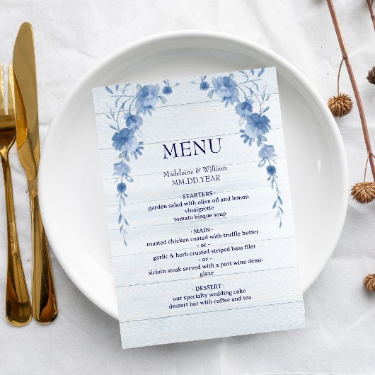 Rustic Wood  Blue Floral Elegant Wedding Menu メニュー