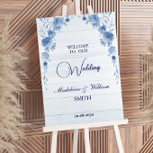 Rustic Wood Blue Floral Wedding Welcome Sign ポスター