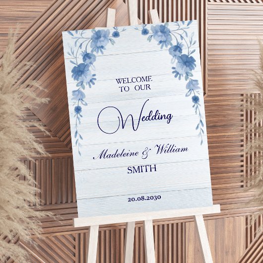 Rustic Wood Blue Floral Wedding Welcome Sign ポスター