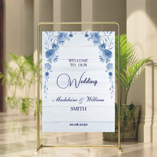 Rustic Wood Blue Floral Wedding Welcome Sign ポスター