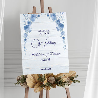 Rustic Wood Blue Floral Wedding Welcome Sign ポスター