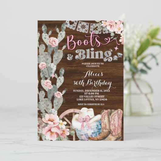 Rustic Wood Boots and Bling Birthday 招待状 (スタンド正面)