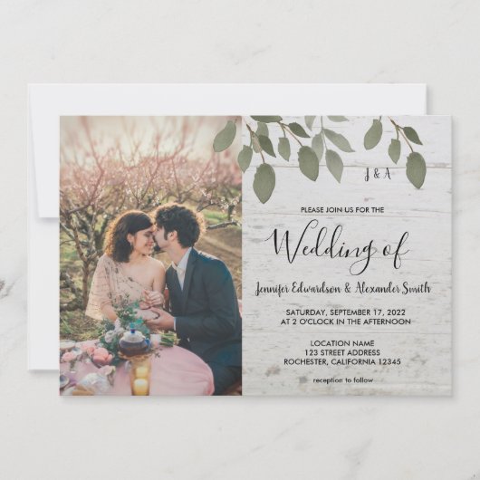 Rustic wood botanical monogrammed photo Wedding 招待状 (正面)