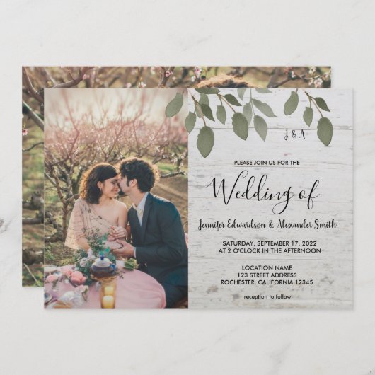Rustic wood botanical monogrammed photo Wedding 招待状 (正面/裏面)