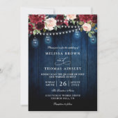 Rustic Wood Burgundy Floral Mason QR Code Wedding 招待状 (正面)