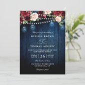 Rustic Wood Burgundy Floral Mason QR Code Wedding 招待状 (スタンド正面)