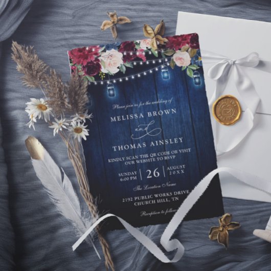 Rustic Wood Burgundy Floral Mason QR Code Wedding 招待状