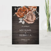 Rustic Wood Burnt Orange Rose QRコード ウェディング 招待状 (正面)