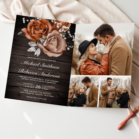 Rustic Wood Burnt Orange Rose QRコード ウェディング 招待状
