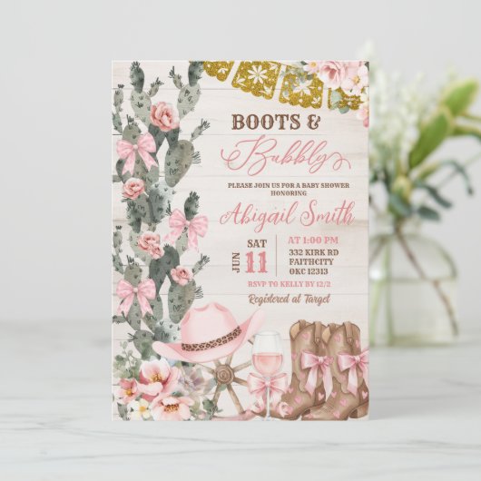 Rustic Wood Cactus Boots and Bubbly Bridal Shower 招待状 (スタンド正面)