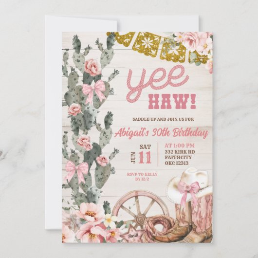 Rustic Wood Cactus Pink Rodeo Birthday 招待状 (正面)