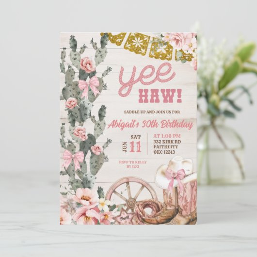 Rustic Wood Cactus Pink Rodeo Birthday 招待状 (スタンド正面)