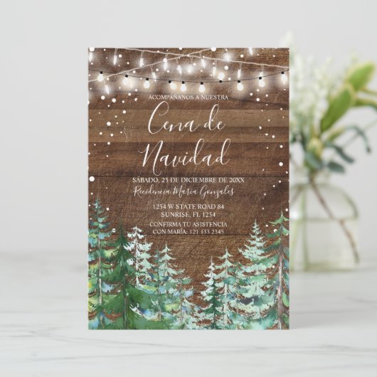 Rustic Wood Cena De Navidad Pine Trees Christmas 招待状 (スタンド正面)
