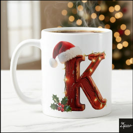 Rustic Wood Christmas Letter K String Lights コーヒーマグカップ