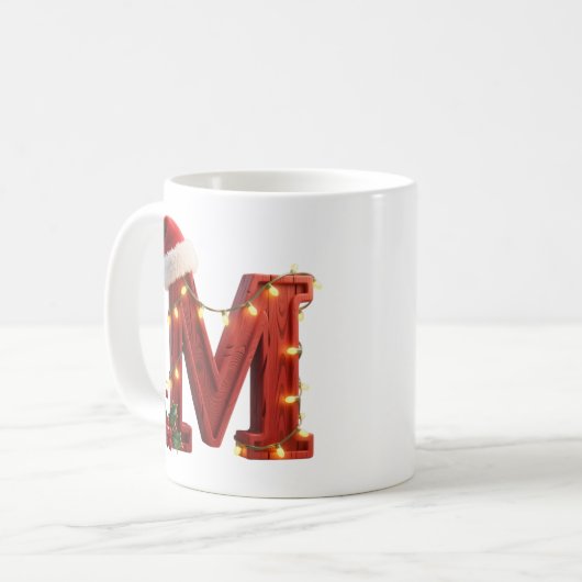 Rustic Wood Christmas Letter M String Lights コーヒーマグカップ (正面左)