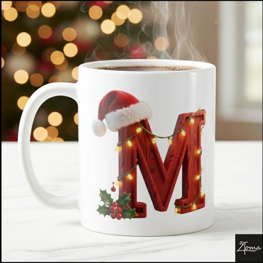 Rustic Wood Christmas Letter M String Lights コーヒーマグカップ