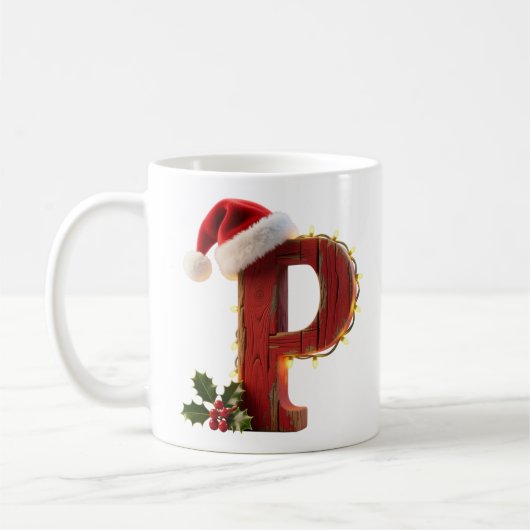 Rustic Wood Christmas Letter P String Lights コーヒーマグカップ (左)