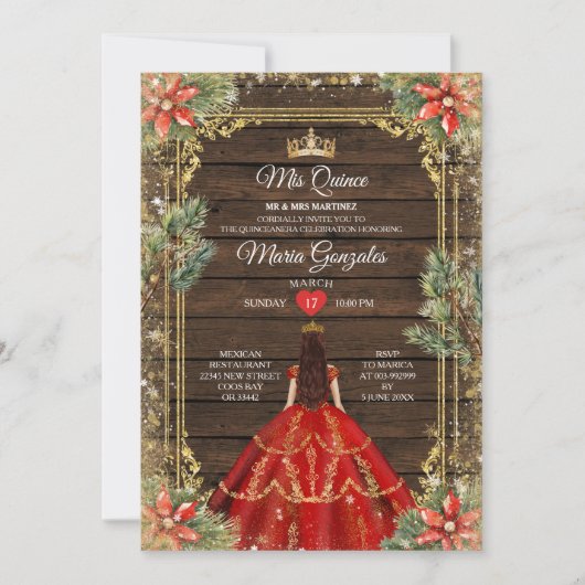 Rustic Wood Christmas Red Princess Mis Quince 招待状 (正面)