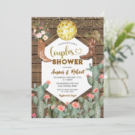 Rustic Wood Country Boots Cactus Couples Shower 招待状 (スタンド正面)