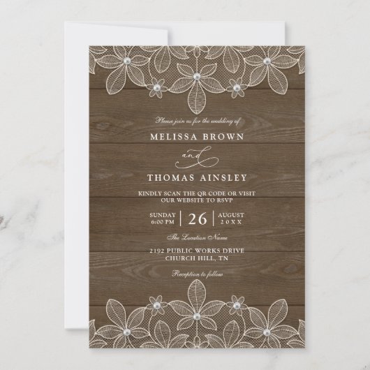 Rustic Wood Country Lace Elegant QR Code Wedding 招待状 (正面)