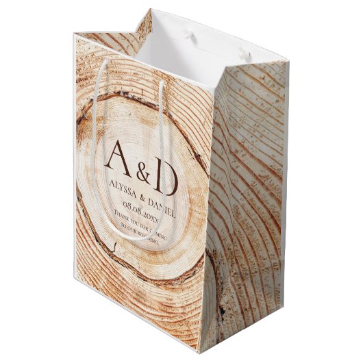 Rustic Wood cut Slice Monogram Wedding Gift Bag ミディアムペーパーバッグ (裏面アングル)