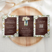 Rustic Wood Daisies Mason Jar QR Code Wedding 三つ折り招待状